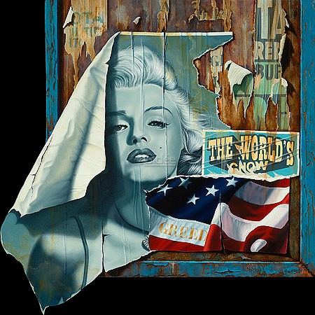 Ger Eikendal, In Greed we Trust (Collage,  Malerei, Plakatkunst, Filmplakate,  Vintage,  trompe l'oeil, Papierfetzen, Marylin Monroe, Portrait, Hyper-Realismus, Wohnzimmer, bunt)