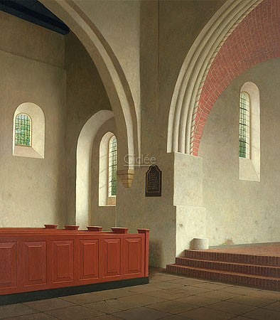 Henk Helmantel, Interieur Donatuskerk te Leermens (1000-1400) (Malerei, Architektur, Innenraum, Kirche, Interieur, Niederlande, romanisch - gotische Kirche, Donatuskirche, Treppenhaus, Wohnzimmer, bunt)