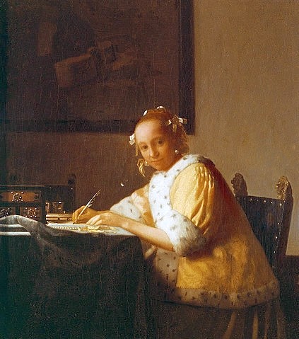 Jan Vermeer van Delft, Junges briefschreibendes Mädchen. Um 1665 (niederländisch,Barock,Goldenes Zeitalter,17. Jahrhundert,Öl auf Leinwand,1632-1675,Vermeer van Delft,Jan,Washington,National Gallery,Schreiben,Frau,Junge Frau,Vermeer van Delft,Jan Vermeer van Delft,17. Jahrhundert,Barock,Flamen,flämisch,Holland,holländis)