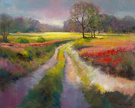 Hans Musters, The white trail (Malerei, Landschaftsmalerei, Landschaften, modern,  Niederlande, Ebene, Weg, Wegspuren, Mohnblumen, Sommer, Blüten,  Wohnzimmer, Arztpraxis, leuchtend bunt)