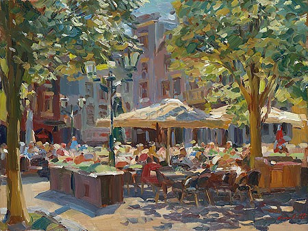 Hans Versfelt, Dordrecht Terrace (Malerei, modern, Sommer, Café, Terrasse, Sommertag, Freizeit, Sonnenschirme, Bäume, Licht, Schatten, Gäste, Relfexionen, Wohnzimmer, Arztpraxis, bunt)