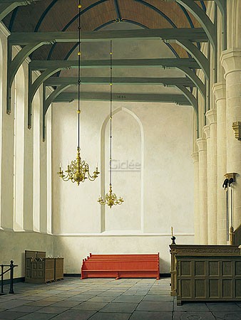 Henk Helmantel, Interior St. Nicholas Church at Monnickendam (Malerei, Architektur, Innenraum, Kirche, Interieur, Sankt Nicholaskirche, Niederlande, gotische Kirche, Grote Kerk, Treppenhaus, Wohnzimmer, bunt)