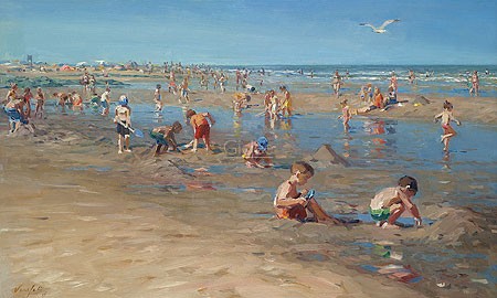 Hans Versfelt, Beach day II (Malerei, Meeresbrise, Strand, Sandstrand, Niederlande, Meer, Urlaub, Sommer, Badeurlaub, Badegäste, Horizont, Sonnenlicht, Wohnzimmer, Arztpraxis, bunt)