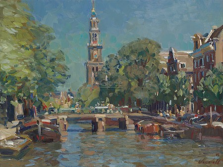 Hans Versfelt, Westerkerk on a summer day (Malerei,modern, Stadt, Niederlande, Kirche Kirchturm, Kanal, Sommer, Wohnzimmer, Arztpraxis, bunt)