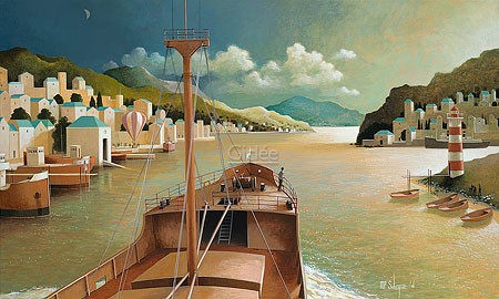 Michiel Schrijver, Augustmoon (Fluss, Boot, Bootsfahrt, Stast, Häuser, Leuchtturm, surreal, metaphysisch, Malerei, modern, menschenleer, still, Treppenhaus, Wohnzimmer, bunt)