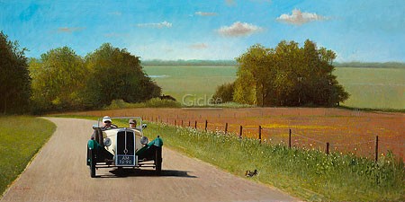 Martin Sijbesma, BSA 1933 (Landschaft, Landstraße, Auto, Oldtimer, Sommer, Ausflug, BSA, Fotorealismus, Nostalgie, Treppenhaus, Wohnzimmer, bunt)