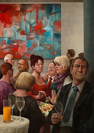 Marius van Dokkum, Drinks and nibbles (Malerei, Karikatur, Menschen, Kneipe, Charaktere, komisch, lustig, Treppenhaus, Wohnzimmer,  bunt)