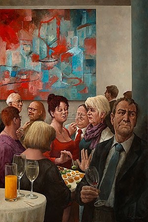 Marius van Dokkum, Drinks and nibbles (Malerei, Karikatur, Menschen, Kneipe, Charaktere, komisch, lustig, Treppenhaus, Wohnzimmer,  bunt)