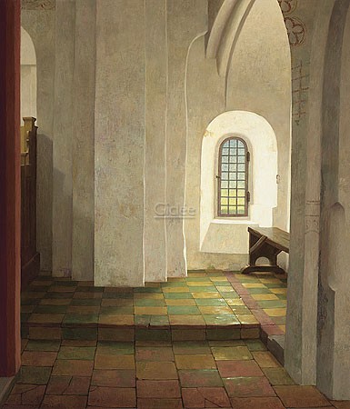 Henk Helmantel, Onder het orgel in de N.H. Kerk te Krewerd (Malerei, Architektur, Innenraum, Kirche, Interieur, Kirchenbank, Niederlande, gotische Kirche,  Treppenhaus, Wohnzimmer, bunt)