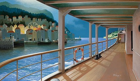 Michiel Schrijver, Onshore pleasure (Malerei, modern, Schiff, Reeling, Stadt, Architektur, Stadtansicht, Landschaft, Treppenhaus, Wohnzimmer, bunt)