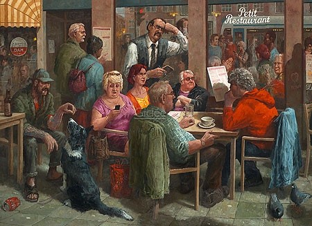 Marius van Dokkum, I'll have, uh ... (Malerei, Karikatur, Menschen, Kneipe, Charaktere, komisch, lustig, Treppenhaus, Wohnzimmer,  bunt)