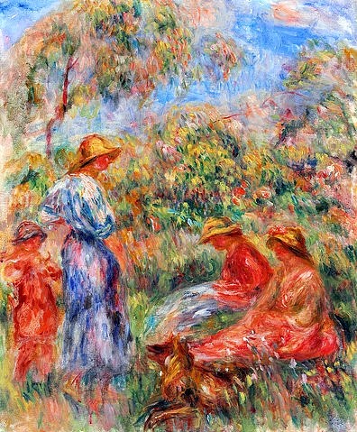 Pierre-Auguste Renoir, Zwei sitzende und eine stehende Frau, ein Kind (Landschaft mit drei Frauen und einem Kind). / Deux femmes assises et une debout, un entfant (Paysage avec trois femmes et un enfant). 1918 (Landschaft, Garten, Wiese, Frauen, Kind, Sommer, Hund,  Sonnenhüte, Impressionismus, klassische Moderne, Wunschgröße, Wohnzimmer, Malerei)