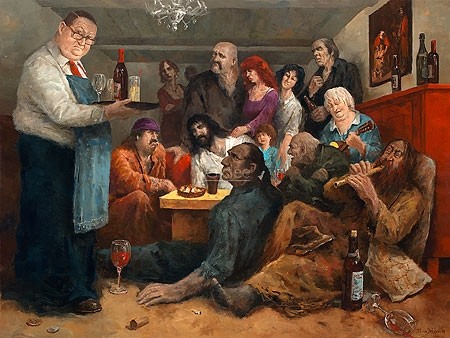 Marius van Dokkum, Zacheüs (Malerei, Karikatur, Menschen, Jesus Christus, Zollpächter, Zachäus, Bibel, Feier, komisch, lustig, Treppenhaus, Wohnzimmer,  bunt)