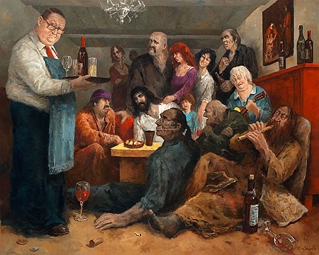Marius van Dokkum, Zacheüs (Malerei, Karikatur, Menschen, Jesus Christus, Zollpächter, Zachäus, Feier, Party,  komisch, lustig, Treppenhaus, Wohnzimmer,  bunt)