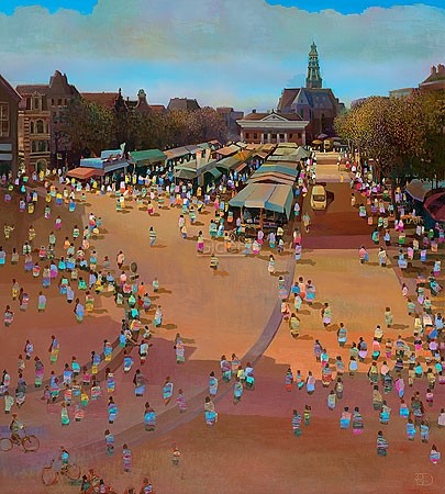 Ton Dubbeldam, Bird's Eye View (Stadt, Sommer, Holland, Markt, Menschen, Vogelperspektive, Malerei, modern, Wohnzimmer, Treppenhaus, bunt)