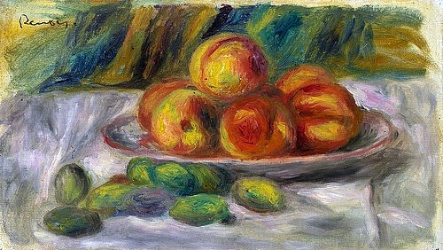 Pierre-Auguste Renoir, Pfirsiche und Mandeln (Pêches et Amandes). (Stillleben, Obstteller,  Mandeln,  Früchte, Pfirsiche, Tischdecke, Impressionismus, klassische Moderne, Wunschgröße, Esszimmer, Wohnzimmer, Malerei)
