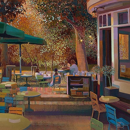 Ton Dubbeldam, Summer Night (Stadt, Sommer, Sommernacht,  Holland, Café, Malerei, modern, Wohnzimmer, Treppenhaus, bunt)