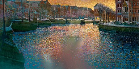 Ton Dubbeldam, Canal in winter (Stadt, Kanal, Gracht, Sonnenuntergang, Winter, Holland, Malerei, modern, Wohnzimmer, Arztpraxis, Treppenhaus, bunt)