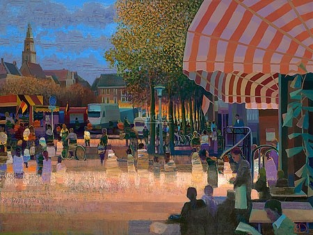 Ton Dubbeldam, Time stood still (Stadt, Sommer, Holland, Café, Malerei, modern, Wohnzimmer, Treppenhaus, bunt)