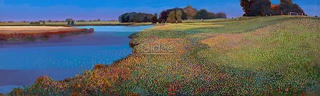 Ton Dubbeldam, At the riverbank (Landschaft, Fluss, Idylle, Holland, Sommer, Malerei, modern, Wohnzimmer, Arztpraxis, Treppenhaus, bunt)