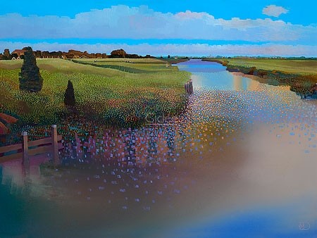 Ton Dubbeldam, View from the Bridge (Landschaft, Fluss, Idylle, Holland, Sommer, Malerei, modern, Wohnzimmer, Arztpraxis, Treppenhaus, bunt)