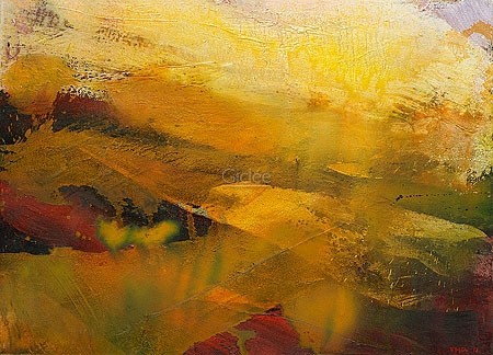 Henrie Vogel, Space with yellow ochre (Malerei, abstrakt, zeitgenössisch, Bewegung, Spachteltechnik Wohnzimmer, Treppenhaus, Büro, gelb)