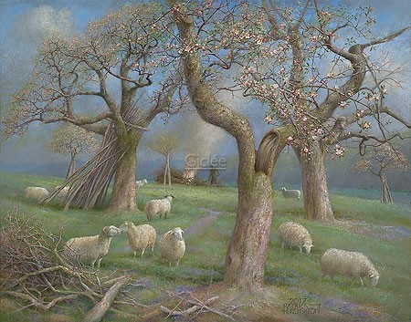 Patrick Creyghton, Sheep in the orchard (Malerei, Natur, Landschaft, Idylle, Wiese, Baum, Apfelbaum, Obstbäume, Obstgarten, Schafe, Jahreszeit, Frühling,   Weite, Horizont, naturalistisch, Wohnzimmer, bunt)