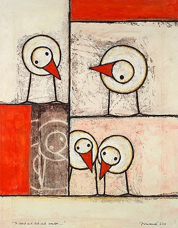 Hans P. Innemée, To stand and look and wonder... (Vögel, lustige Vögel, neugierig, Grafik, komisch, witzig, Jugendzimmer, Wohnzimmer, Treppenhaus,  beige/rot)