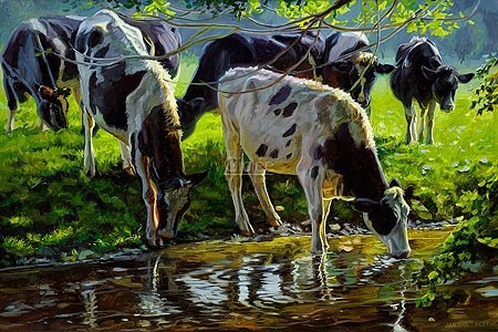 Jan van Hoff, Black and white Holstein cattle drinking from a stream (Kühe, Tiere, Vieh, Nutztiere, Herde, Bach, Durst, Tränke, Landschaft, impressionistisch, Malerei, modern, Treppenhaus,  Wohnzimmer,  Esszimmer,  bunt)