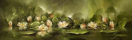 Jan Kooistra, Water lilies (Seerosen, Wasserlilien, Wasserlandschaft, Teich, Blüten,  Esszimmer, Wohnzimmer, Treppenhaus, Malerei, bunt)