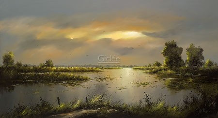 Jan Kooistra, River landscape (Landschaft, Flusslandschaft, Fluss, Ebene, Holland, Esszimmer, Wohnzimmer, Treppenhaus, Malerei, bunt)
