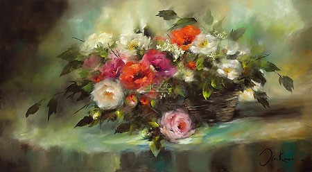 Jan Kooistra, Peonies in a basket (Pfingstrosen, Blumen, Blumenkorb, Blumenstrauß, Blüten, Stillleben, Esszimmer, Wohnzimmer, Treppenhaus, Malerei, bunt)