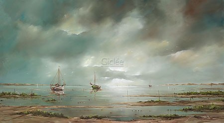 Jan Kooistra, Ships at the mudflat (Landschaft, Meer, Segelboote, Strand, Horizont, Ebbe, Holland, Wolken, Unwetter, Wolken, Esszimmer, Wohnzimmer, Treppenhaus, Malerei, bunt)