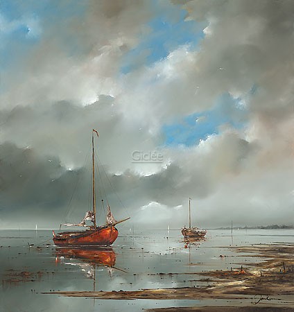 Jan Kooistra, Wad, het laatste licht (Landschaft, Meer, Segelboote, Strand, Horizont, Ebbe, Holland, gestrandet, Sonnenuntergang, Abendstimmung, Wohnzimmer, Treppenhaus, Malerei, bunt)