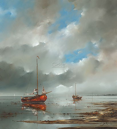 Jan Kooistra, Wad, het laatste licht (Landschaft, Meer, Segelboote, Strand, Horizont, Ebbe, Holland, gestrandet, Sonnenuntergang, Abendstimmung, Wohnzimmer, Treppenhaus, Malerei, bunt)