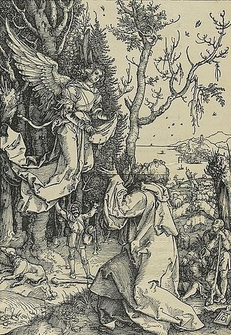 Albrecht Dürer, Marienleben: : Die Verkündigung an Joachim. 1504. (Dürer,Albrecht,1471-1528,Hannover,Landesmuseum,Holzschnitt,16. Jahrhundert,Renaissance,albrecht dürer,holzschnitt,jungfrau maria,druckgrafik,grafik,christliche kunst,christentum,bibel,neues testament)