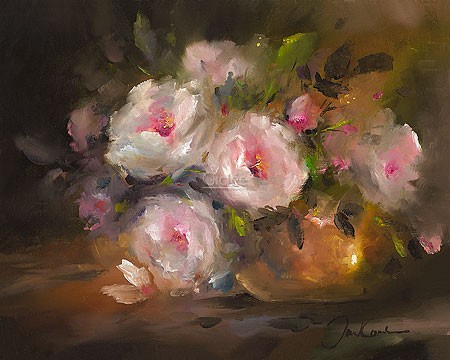 Jan Kooistra, Peonies (Rosen, Pfingstrosen, Blumen,  Blumenstrauß, Blüten, Stillleben, weich, zart, diffus, Schlafzimmer, Wohnzimmer, Treppenhaus, Malerei, rosa/braun)