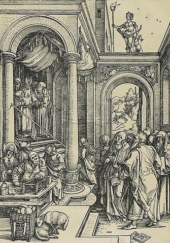 Albrecht Dürer, Marienleben: Der Tempelgang Marias. Um 1504/05. (Dürer,Albrecht,1471-1528,Hannover,Landesmuseum,Holzschnitt,16. Jahrhundert,Renaissance,albrecht dürer,holzschnitt,jungfrau maria,druckgrafik,grafik,christliche kunst,christentum,bibel,neues testament,tempel,sankt anna,joachim,heilig)
