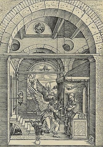 Albrecht Dürer, Marienleben: Verkündigung. Um 1503. (Dürer,Albrecht,1471-1528,Hannover,Landesmuseum,Holzschnitt,16. Jahrhundert,Renaissance,albrecht dürer,holzschnitt,jungfrau maria,druckgrafik,grafik,christliche kunst,christentum,bibel,neues testamenterzengel gabriel)