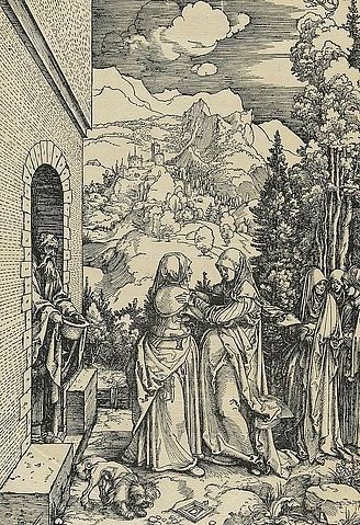 Albrecht Dürer, Marienleben: Die Heimsuchung. Um 1503 (Dürer,Albrecht,1471-1528,Hannover,Landesmuseum,Holzschnitt,16. Jahrhundert,Renaissance,albrecht dürer,holzschnitt,jungfrau maria,druckgrafik,grafik,christliche kunst,christentum,bibel,neues testament,mariä,elisabet)