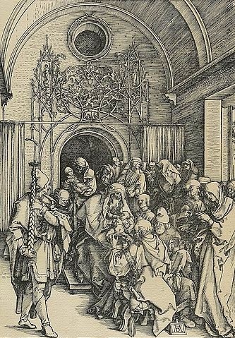 Albrecht Dürer, Marienleben: Beschneidung. Um 1503/04 (Dürer,Albrecht,1471-1528,Hannover,Landesmuseum,Holzschnitt,16. Jahrhundert,Renaissance,albrecht dürer,holzschnitt,jungfrau maria,druckgrafik,grafik,christliche kunst,christentum,bibel,neues testament,tempel,jesus christus)