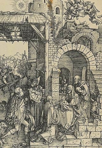 Albrecht Dürer, Marienleben: Anbetung der Könige. Um 1503. (Dürer,Albrecht,1471-1528,Hannover,Landesmuseum,Holzschnitt,16. Jahrhundert,Renaissance,albrecht dürer,holzschnitt,jungfrau maria,druckgrafik,grafik,christliche kunst,christentum,bibel,neues testament,die Heiligen Drei Könige)