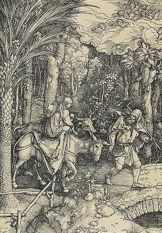 Albrecht Dürer, Marienleben: Die Flucht nach Ägypten. Um 1503. (Dürer,Albrecht,1471-1528,Hannover,Landesmuseum,Holzschnitt,16. Jahrhundert,Renaissance,albrecht dürer,holzschnitt,jungfrau maria,druckgrafik,grafik,christliche kunst,christentum,bibel,neues testament,maria,josef von nazareth,esel)