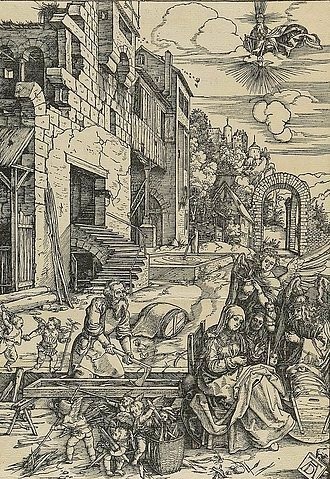 Albrecht Dürer, Marienleben: Die Heilige Familie. Um 1504. (Dürer,Albrecht,1471-1528,Hannover,Landesmuseum,Holzschnitt,16. Jahrhundert,Renaissance,albrecht dürer,holzschnitt,jungfrau maria,druckgrafik,grafik,christliche kunst,christentum,bibel,neues testament)