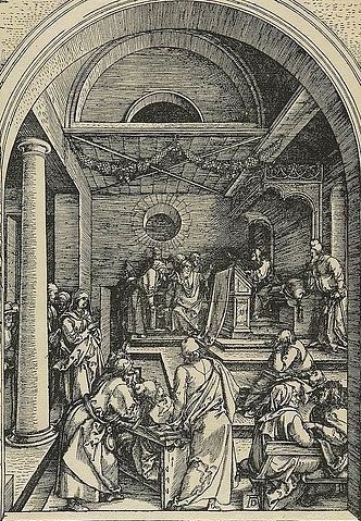Albrecht Dürer, Marienleben: Christus und die Schriftgelehrten. Um 1502. (Dürer,Albrecht,1471-1528,Hannover,Landesmuseum,Holzschnitt,16. Jahrhundert,Renaissance,albrecht dürer,holzschnitt,jungfrau maria,druckgrafik,grafik,christliche kunst,christentum,bibel,neues testament,tempel,gelehrte,disput,diskussion)