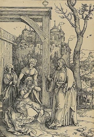 Albrecht Dürer, Marienleben: Abschied Christi von seiner Mutter. Um 1504. (Dürer,Albrecht,1471-1528,Hannover,Landesmuseum,Holzschnitt,16. Jahrhundert,Renaissance,albrecht dürer,holzschnitt,jesus christus,jungfrau maria,abschied,jungfrau maria,druckgrafik,grafik,christliche kunst,christentum,bibel,neues testament)