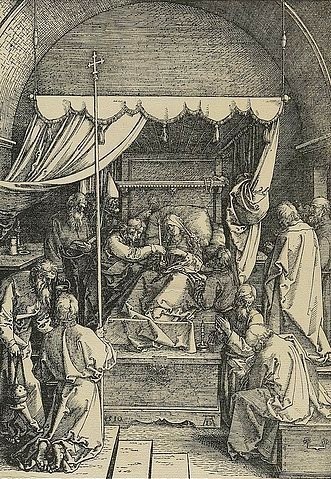 Albrecht Dürer, Marienleben: Der Tod Marias. 1510. (Dürer,Albrecht,1471-1528,Hannover,Landesmuseum,Holzschnitt,16. Jahrhundert,Renaissance,albrecht dürer,holzschnitt,jungfrau maria,druckgrafik,grafik,christliche kunst,christentum,bibel,neues testament)