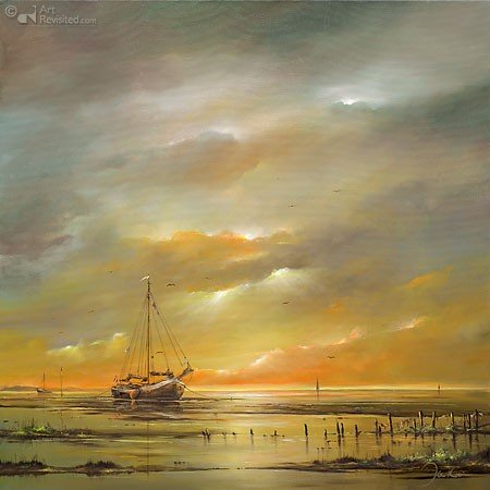 Kooistra, Wad in de avondzon (Meer, Segelschiff, Sonnenuntergang, Abendsonne, Wattenmee, Horizont, Meeresbrise, Idylle, Wohnzimmer, Treppenhaus, Esszimmer, Malerei, bunt)