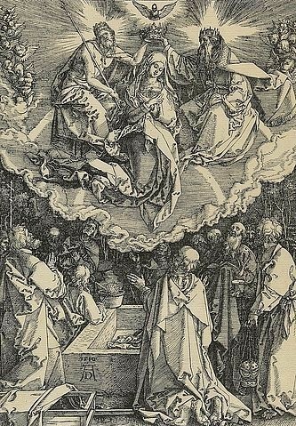 Albrecht Dürer, Marienleben: Die Himmelfahrt und Krönung Marias. 1510. (Dürer,Albrecht,1471-1528,Hannover,Landesmuseum,Holzschnitt,16. Jahrhundert,Renaissance,albrecht dürer,holzschnitt,jungfrau maria,druckgrafik,grafik,christliche kunst,christentum,bibel,neues testament)