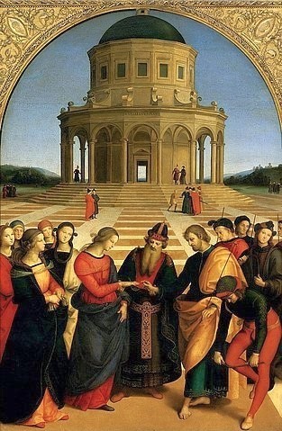 Raffael (Raffaello Sanzio), Vermählung Mariä. 1504. (Raffael (Raffaello Sanzio),1483-1520,Mailand,Galleria di Brera,Öl auf Holz,16. Jahrhundert,Renaissance,Milano,Archivi Alinari/Bridgeman,Per concessione del Ministero per i Beni e le Attivit?? Culturali,raffaelo sanzio,jungfrau maria,hochzeit mariens,archi)